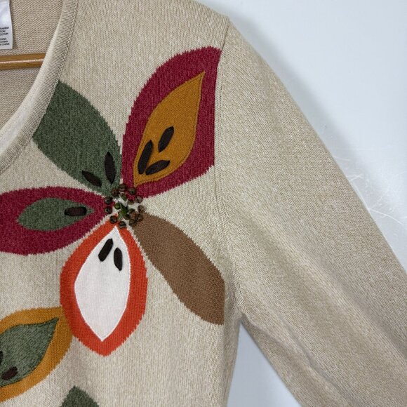 Vtg Alfred Dunner V-Neck Knit Sweater Medium Bold Floral Beaded Embellishments - Picture 5 of 9
